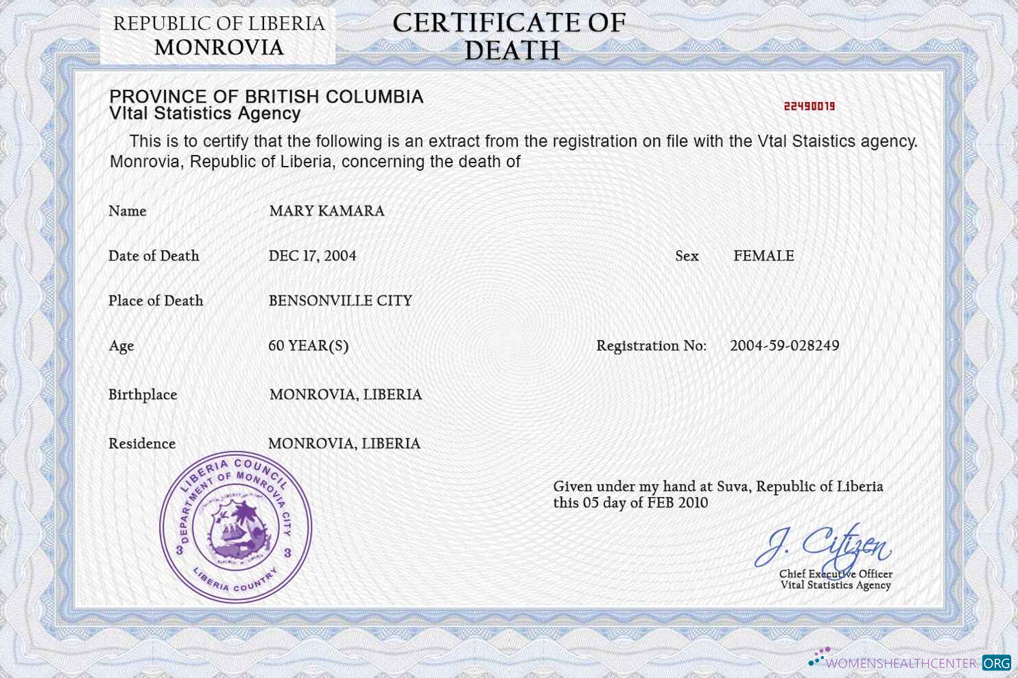 Download Liberia death certificate PSD template Photoshop template